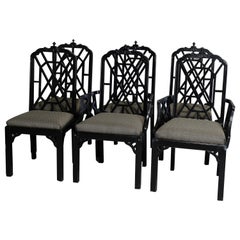 Six Vintage Ebonized Chinese Chippendale Stylized Bamboo Dining Chairs