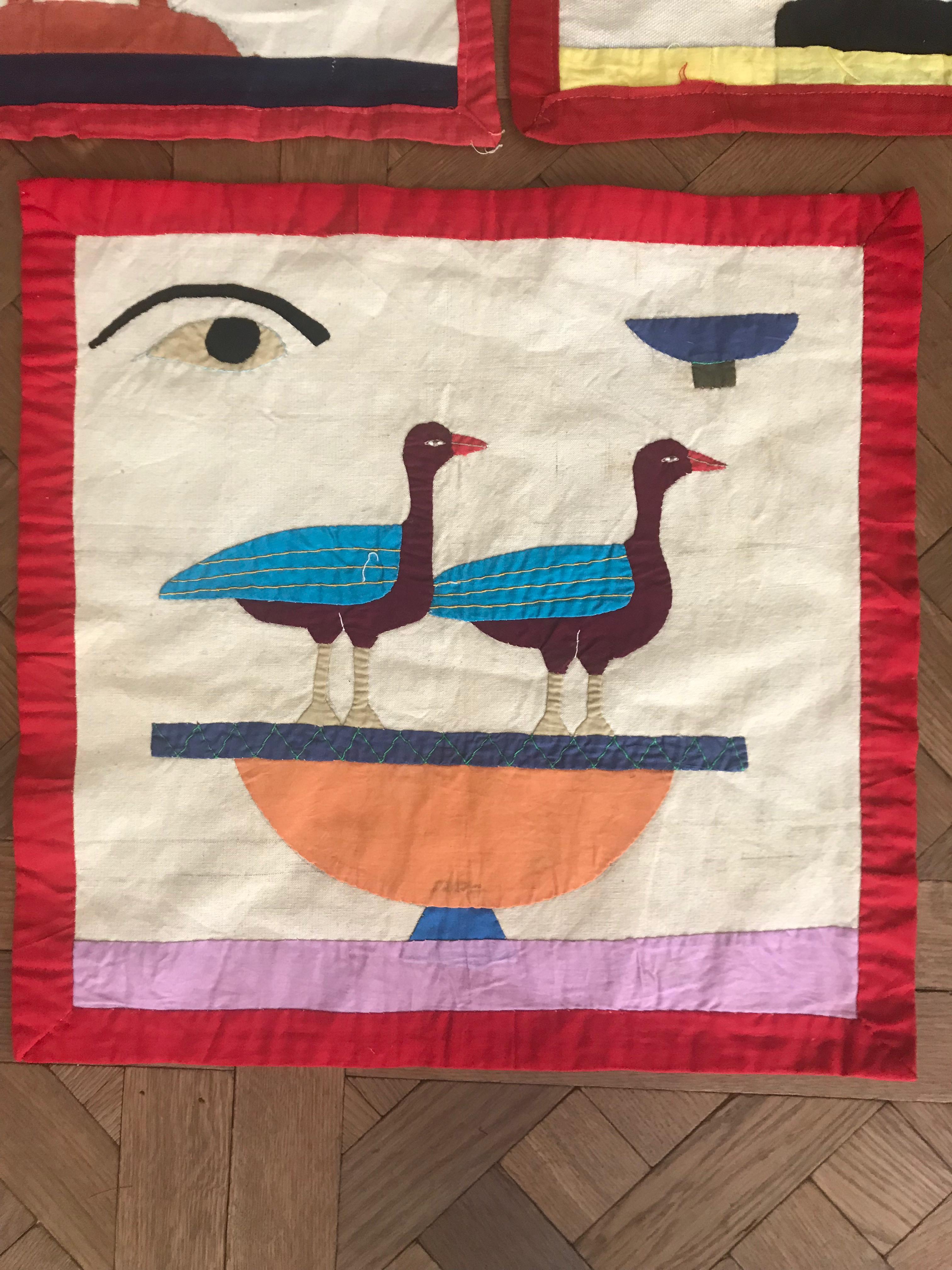Six vintage Egyptian textile panels. Each panel is hand sewn with colorful cotton appliquéd on a cotton ground. They could be sewn together to make a wall hanging or used separately to make pillows, or hung individually with or without frames on the