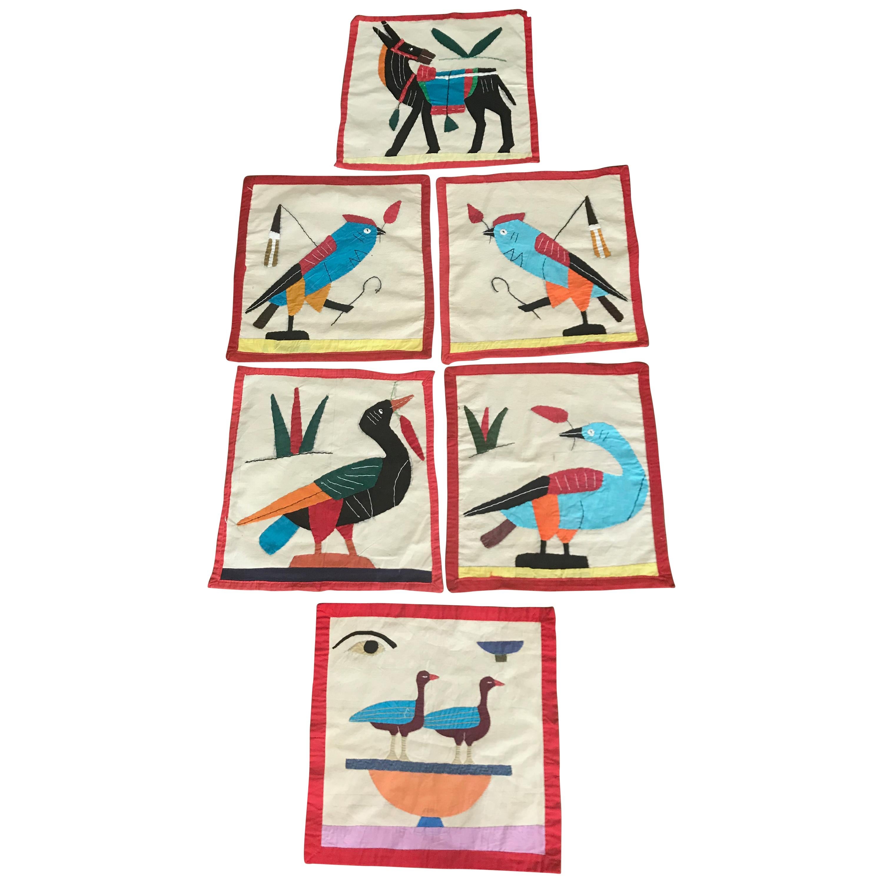 Six Vintage Egyptian Applique Hieroglyphic Textile Panels For Sale