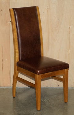 SiX SILLAS DE COMEDOR VINTAGE INGLATERRA DE ROBLE Y CUERO MARRON HALO DE RESPALDO ALTO