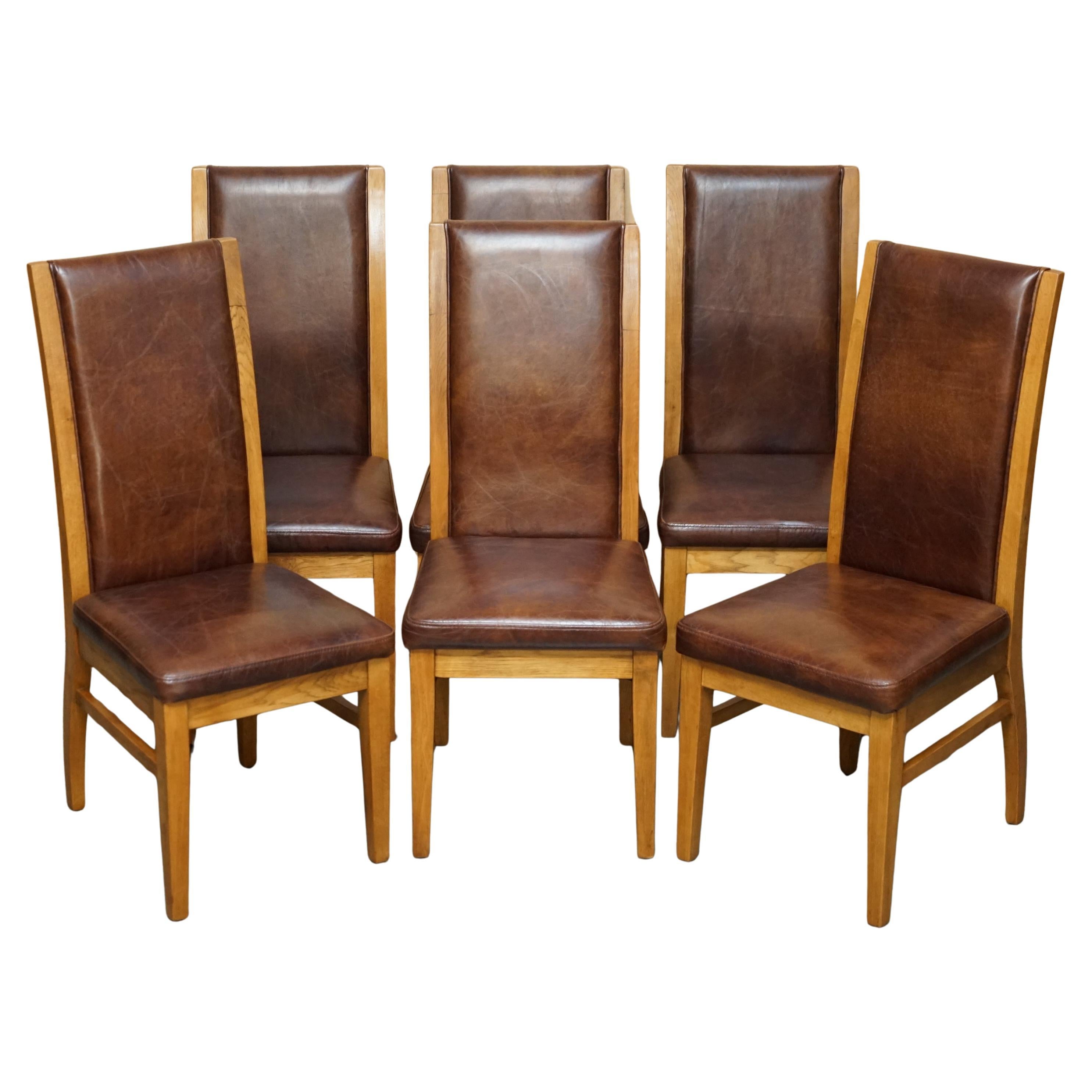 SiX VINTAGE ENGLISCH EICHE & HERITAGE BROWN LEATHER HALO HIGH BACK DINING CHAIRS im Angebot