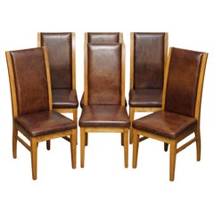SiX VINTAGE ENGLISH OAK & HERITAGE BROWN LEATHER HALO HIGH BACK DINING CHAIRS