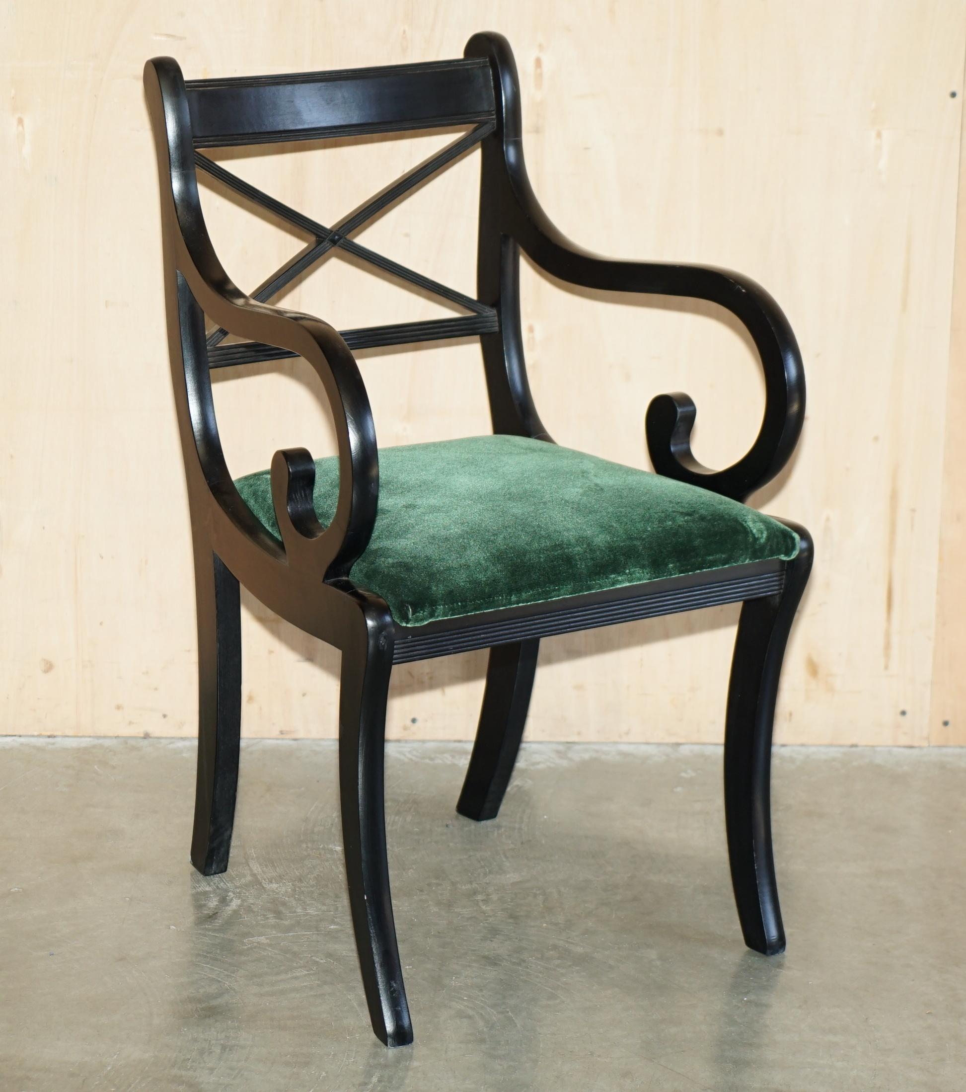 Royal House Antiques

Royal House Antiques is delighted to offer for sale this lovely set of six English Regency style Ebonised Sabre leg dining chairs with Green velvet upholstery which are part of a large suite

Please note the delivery fee listed