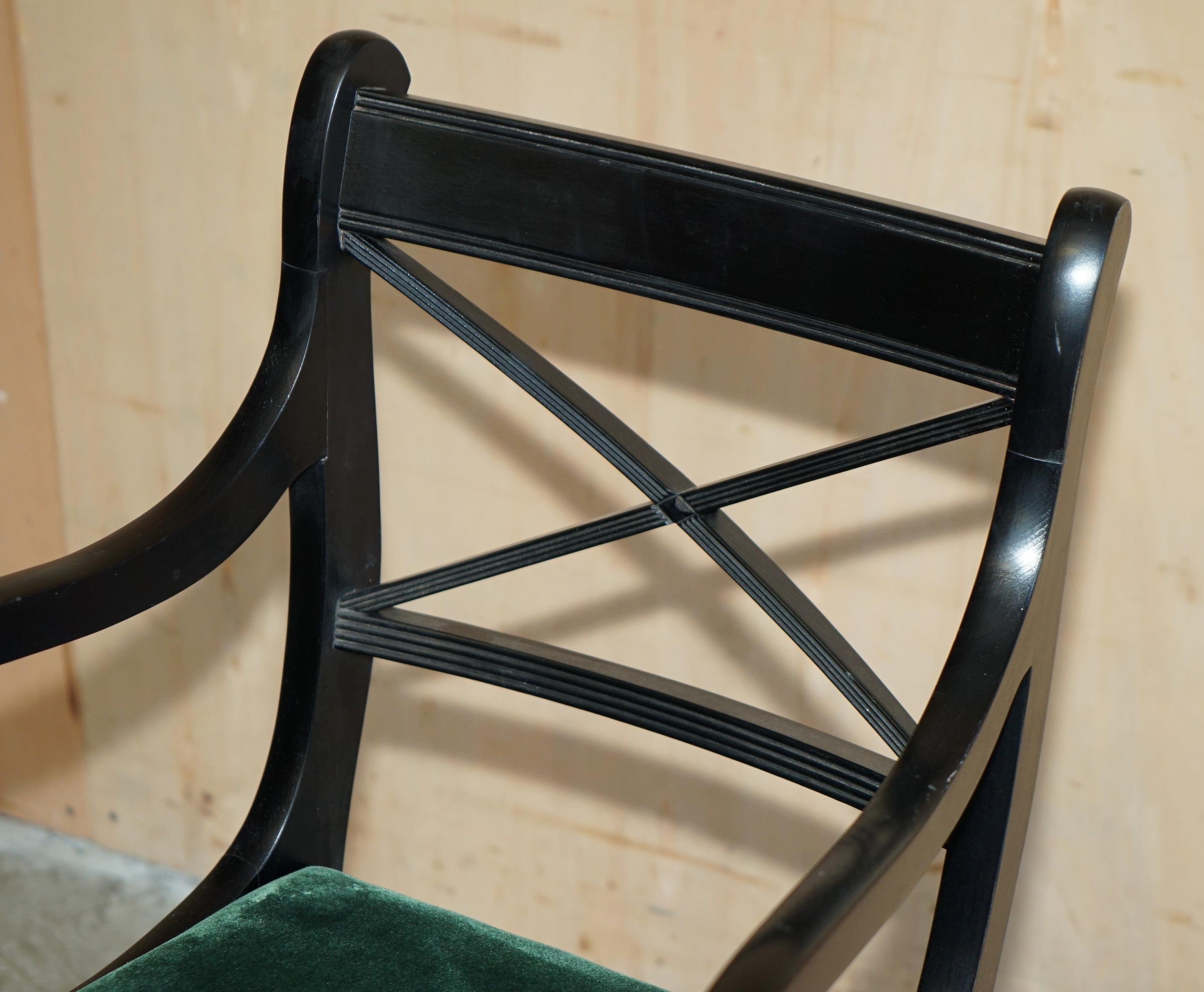 Ebonized SIX VINTAGE ENGLISH REGENCY EBONISED SABRE LEG GREEN VELVET DINING CHAiRS 6 For Sale