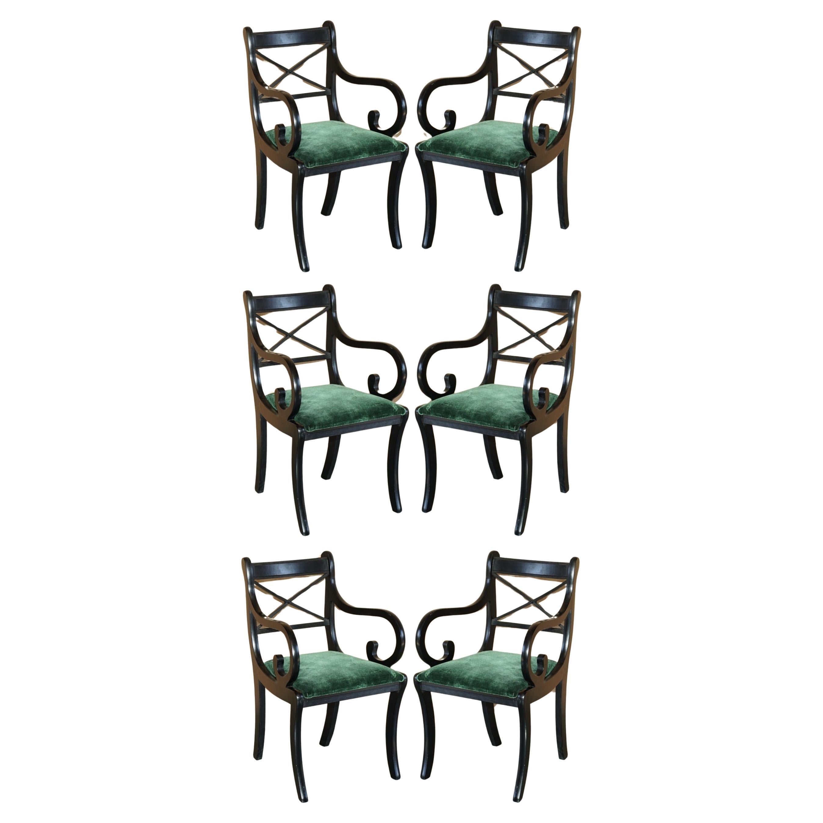 SIX VINTAGE ENGLISH REGENCY EBONISED SABRE LEG GREEN VELVET DINING CHAiRS 6