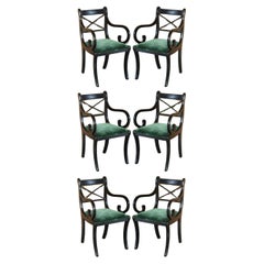 SIX VINTAGE ENGLISH REGENCY EBONISED SABRE LEG GREEN VELVET DINING CHAiRS 6