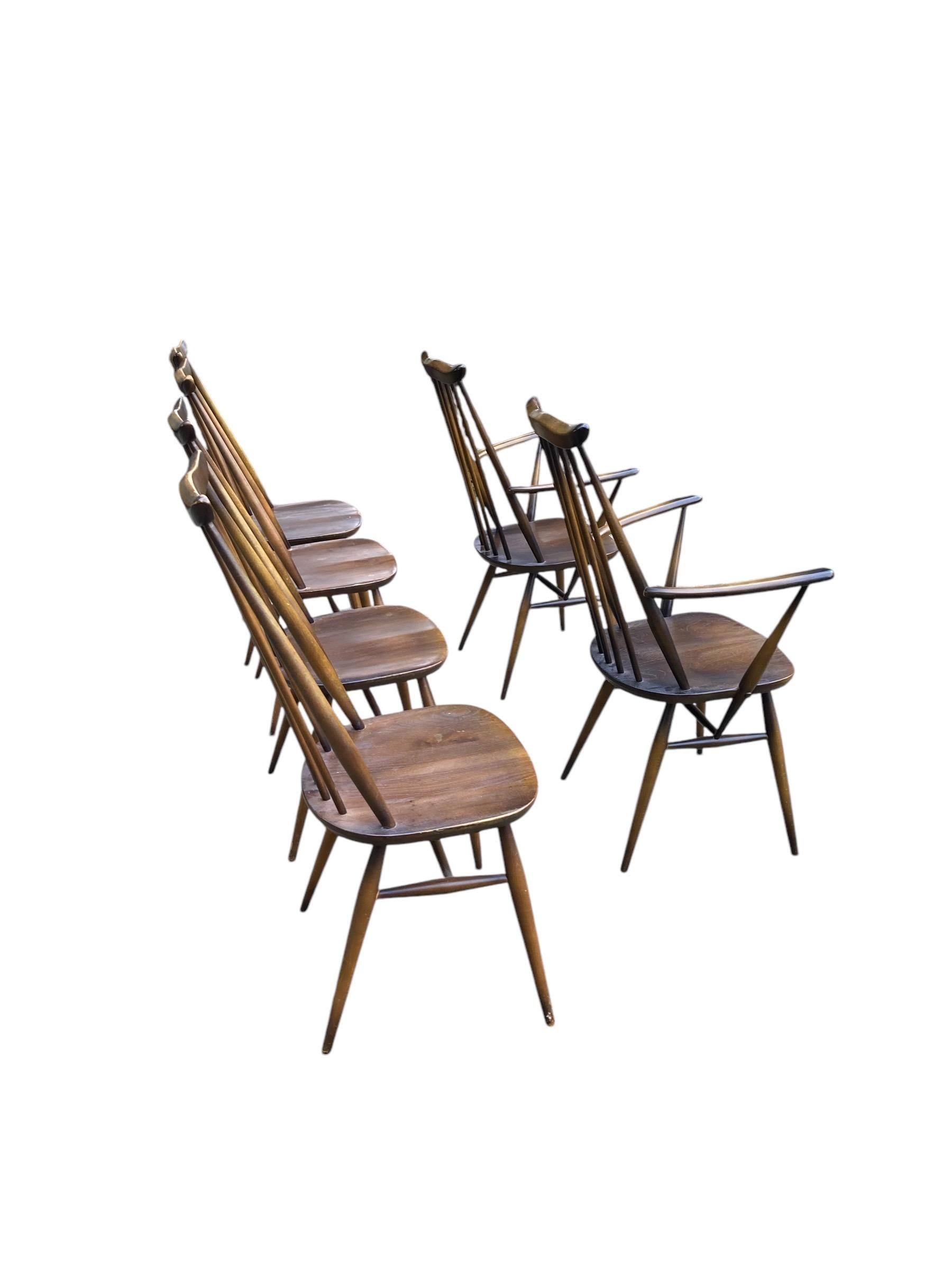 Sei sedie vintage Ercol con schienale a bacchetta e due poltrone in vendita 2