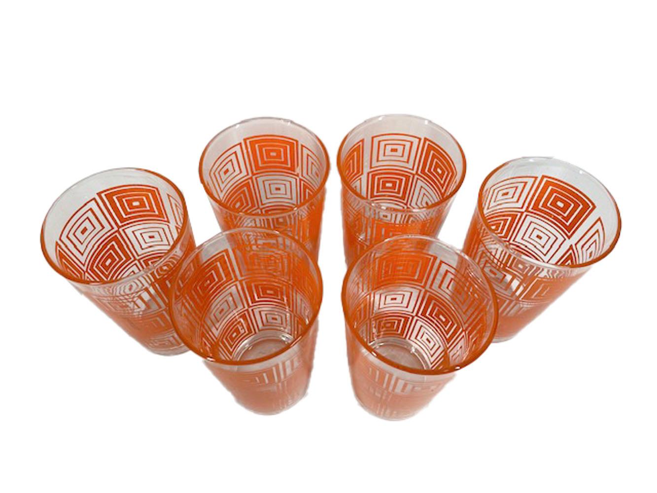 Six Mid-Century Modern tumblers by Federal Glass with blocks of concentric squares in orange enamel, alternating blocks are made up if narrower or wider lines creating an optical effect.