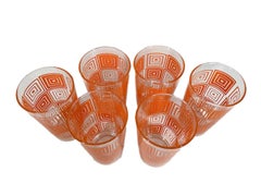 Six Vintage Federal Glassware Tumblers with Concentric Squares in Orange Enamel