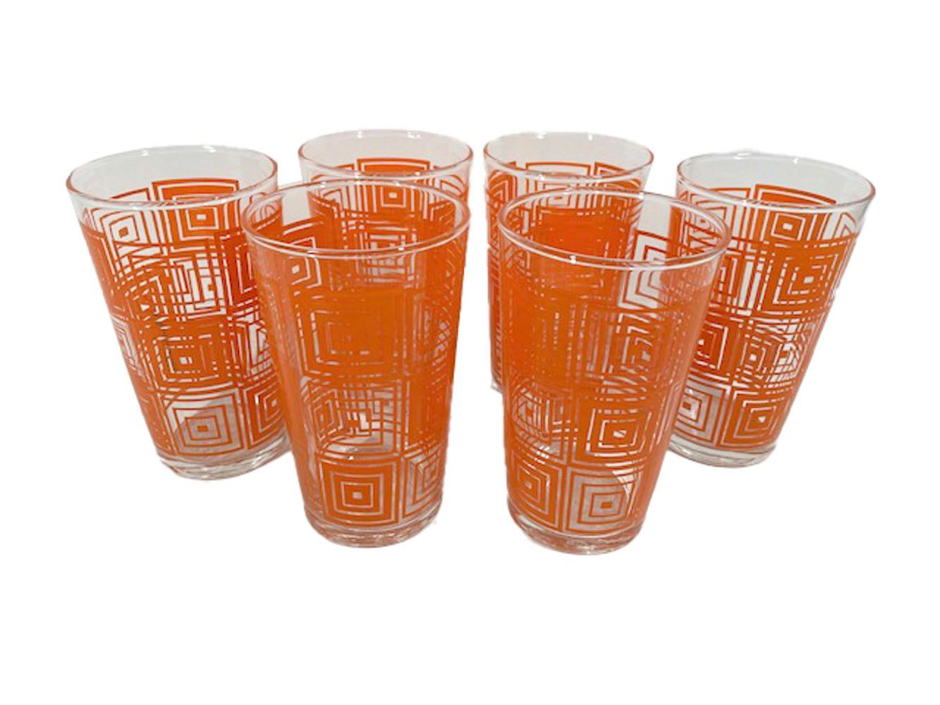 Mid-Century Modern Six gobelets en verre fédéraux vintage avec carrés concentriques en émail orange en vente