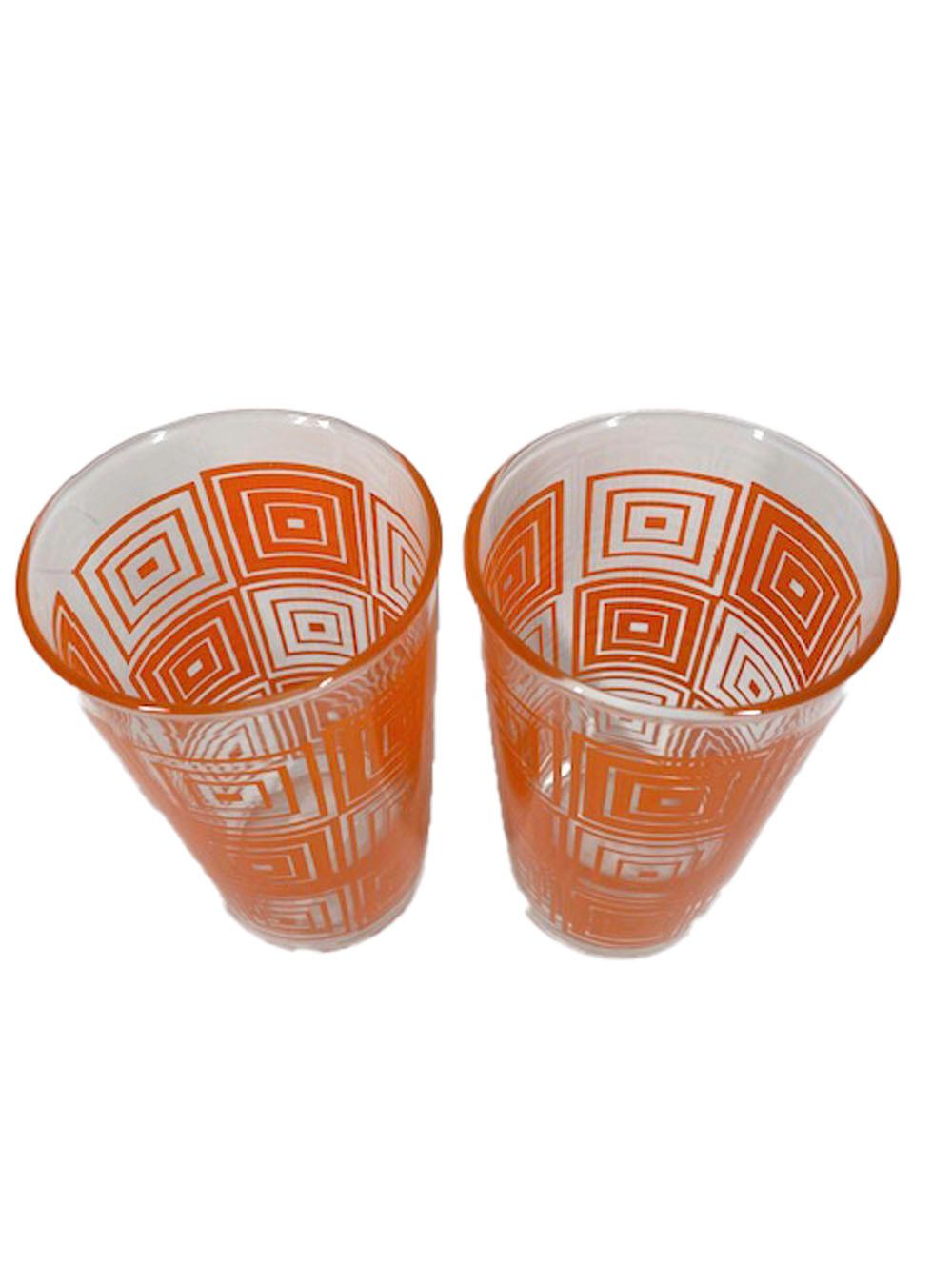 Sechs Vintage-Gläsergläser aus Federal-Glas mit konzentrischen Quadraten aus orangefarbener Emaille (amerikanisch) im Angebot