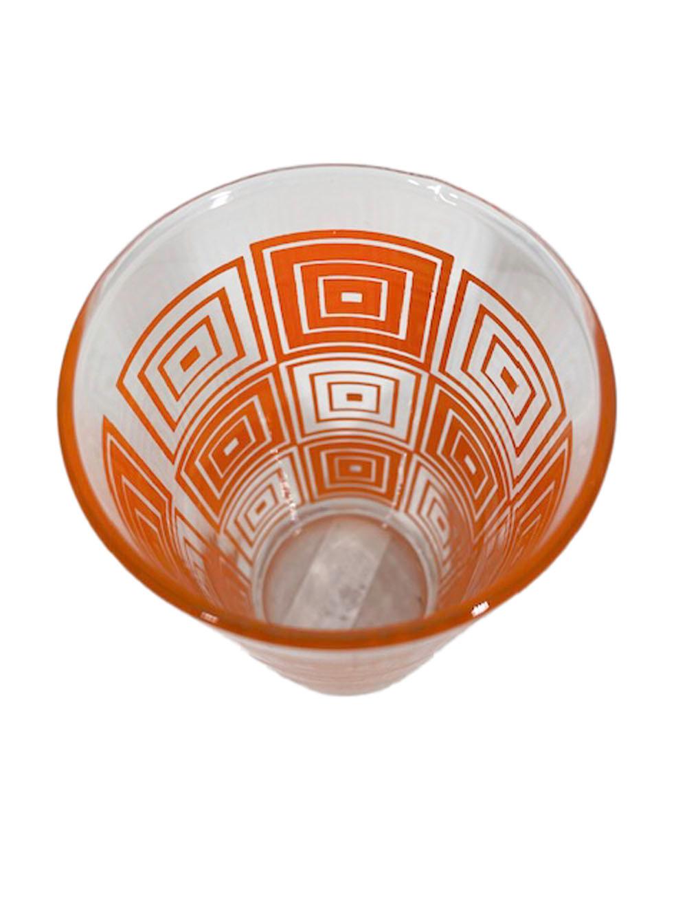Mid-Century Modern Six Vintage Federal Glassware Tumblers with Concentric Squares in Orange Enamel For Sale