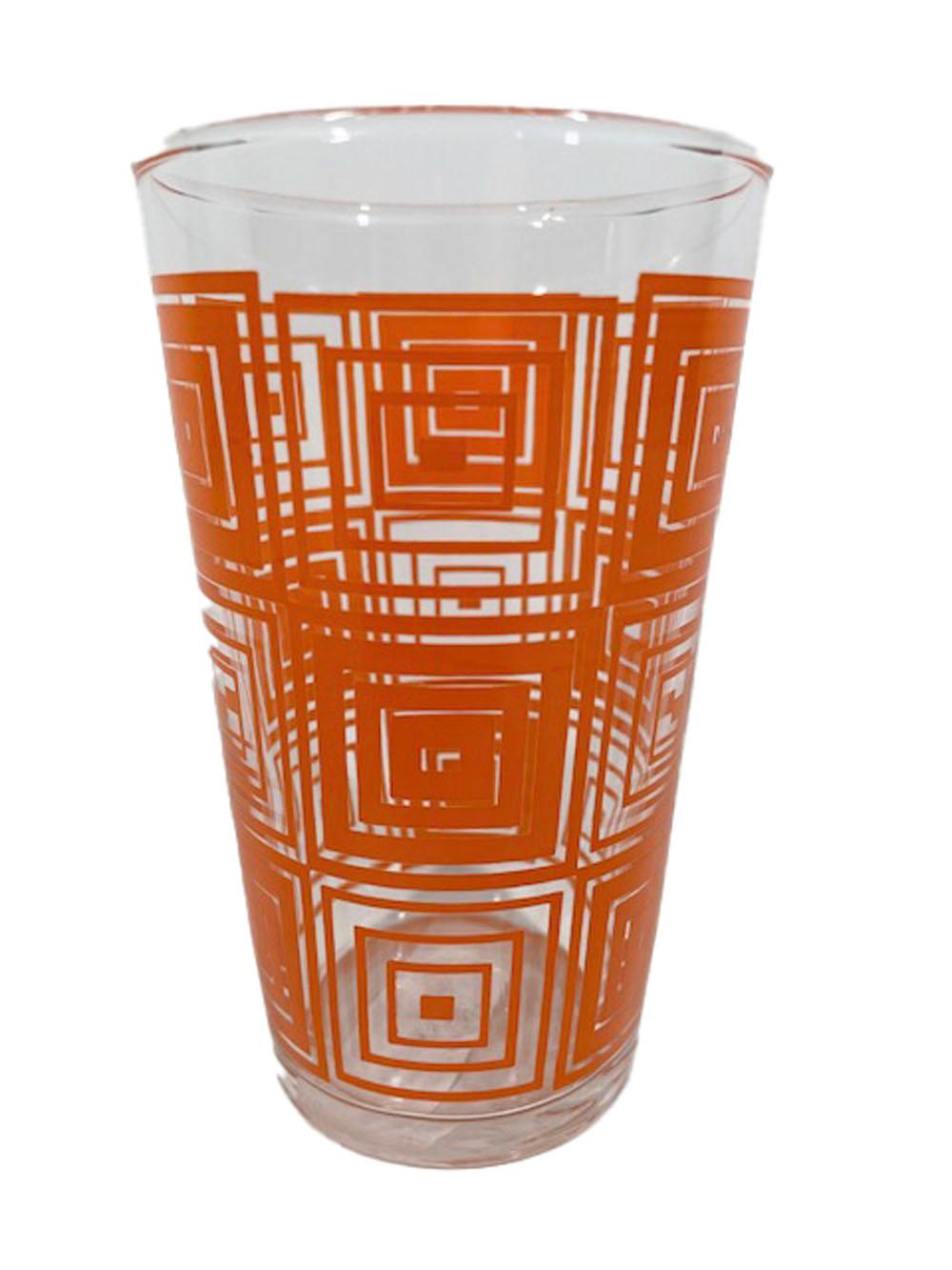 American Six Vintage Federal Glassware Tumblers with Concentric Squares in Orange Enamel For Sale