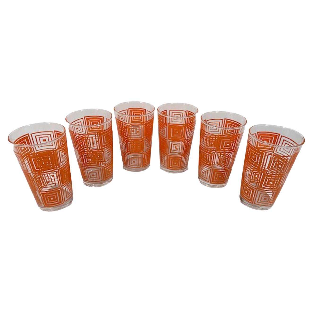 Six Vintage Federal Glassware Tumblers with Concentric Squares in Orange Enamel