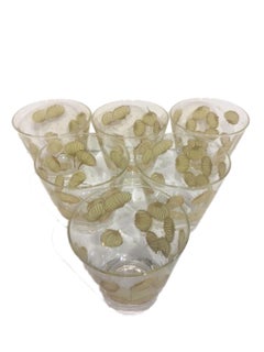 Six Vintage Fred Press Old Fashioned Glasses with Tan Enamel and 22 Karat Gold