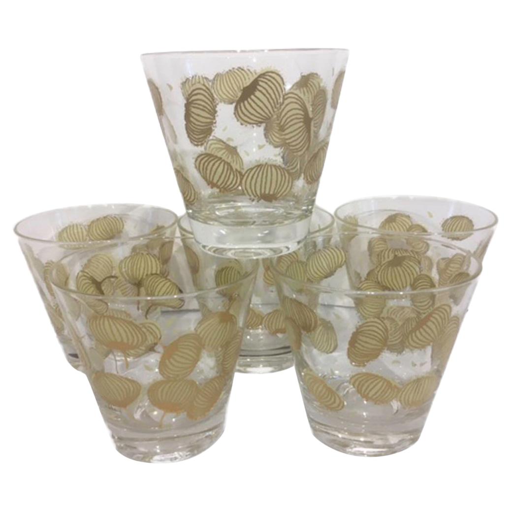 Six Vintage Fred Press Old Fashioned Glasses with Tan Enamel and 22 Karat Gold