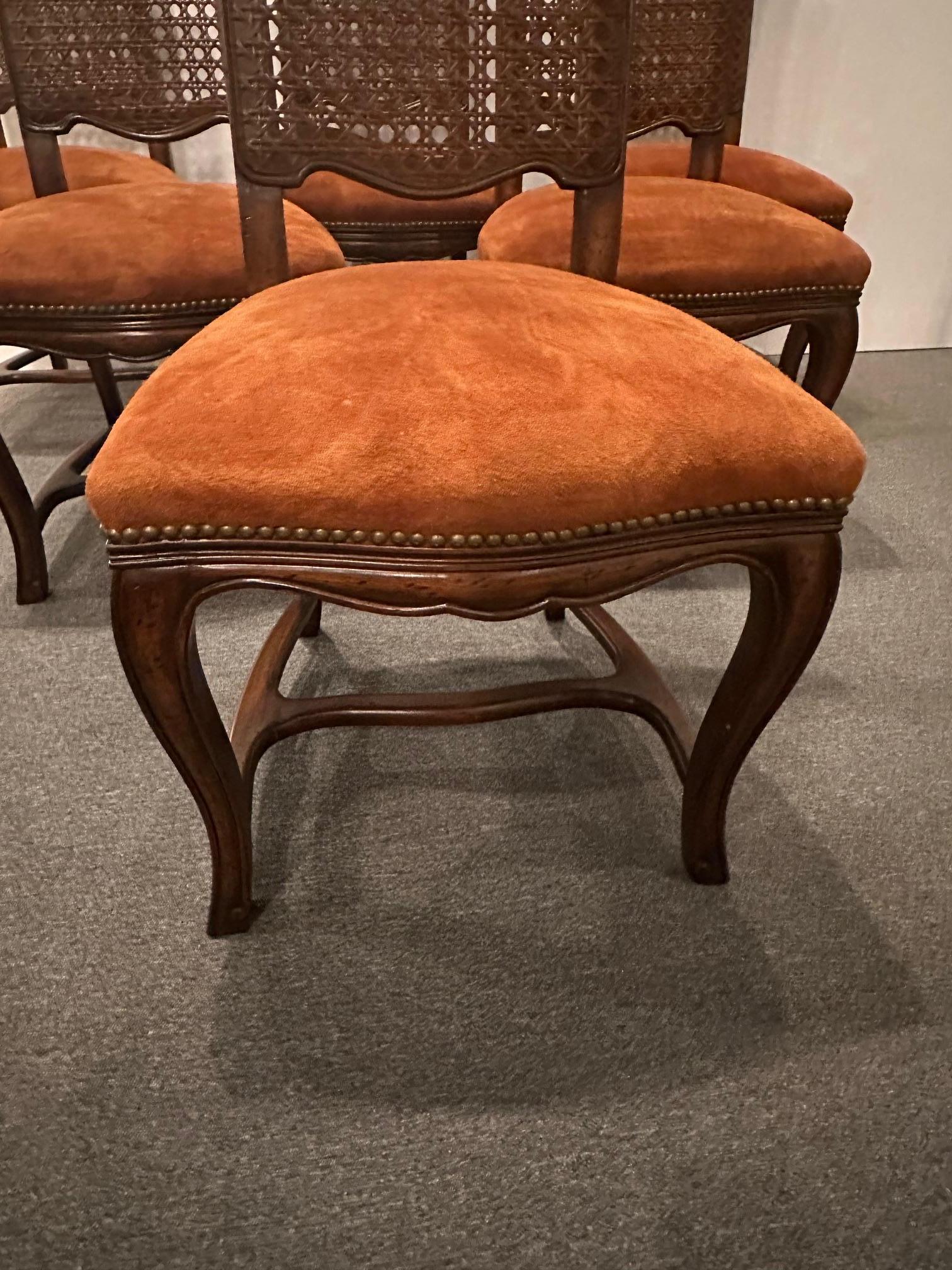 Six Vintage French Provincial Style Cane Back Dining Chairs with Suede Seats For Sale 7