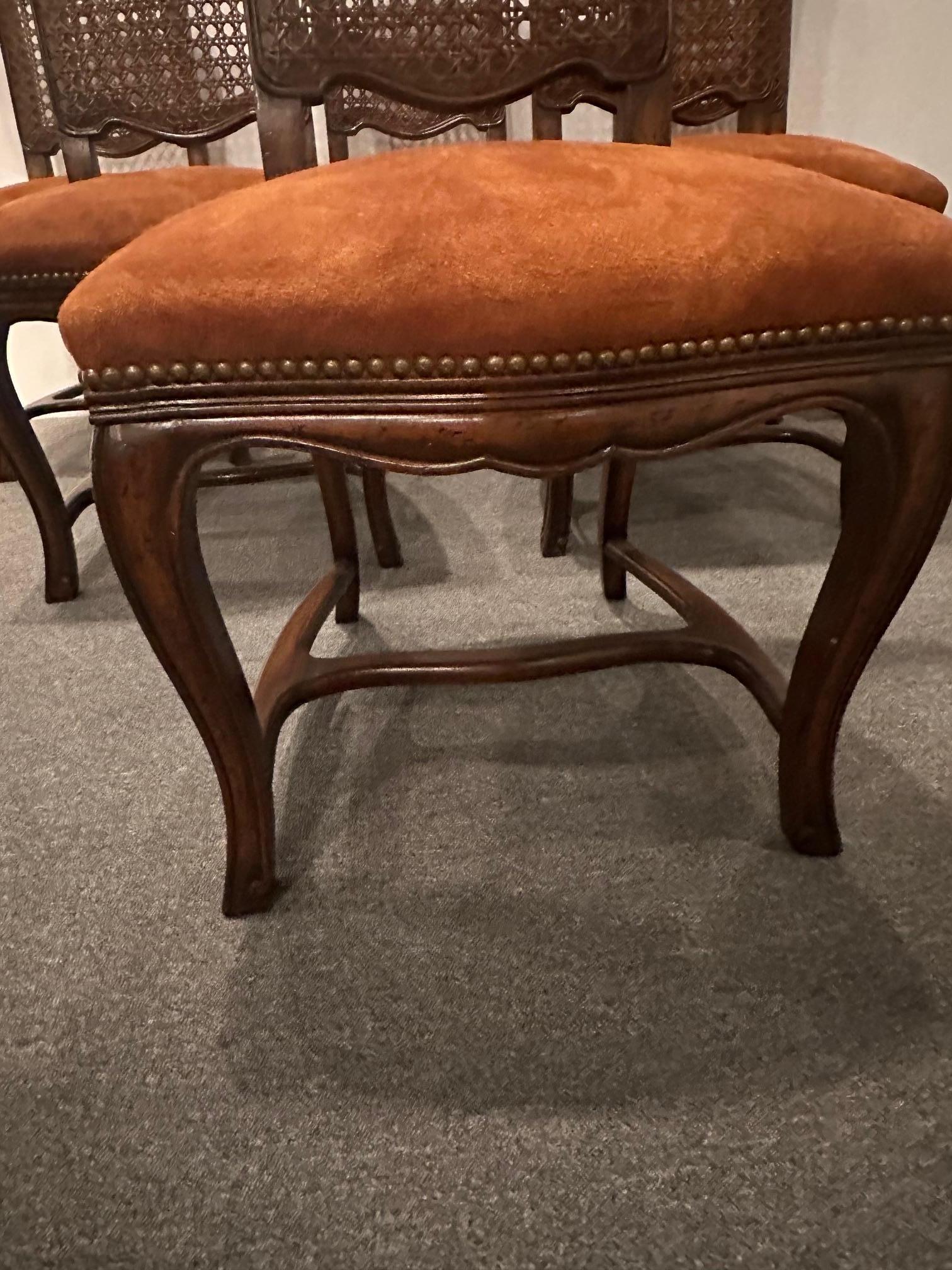 Six Vintage French Provincial Style Cane Back Dining Chairs with Suede Seats For Sale 8
