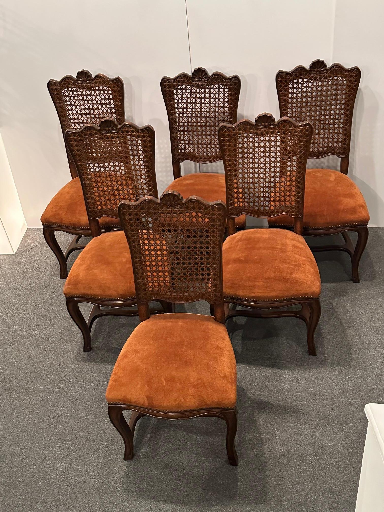 Six Vintage French Provincial Style Cane Back Dining Chairs with Suede Seats For Sale 9