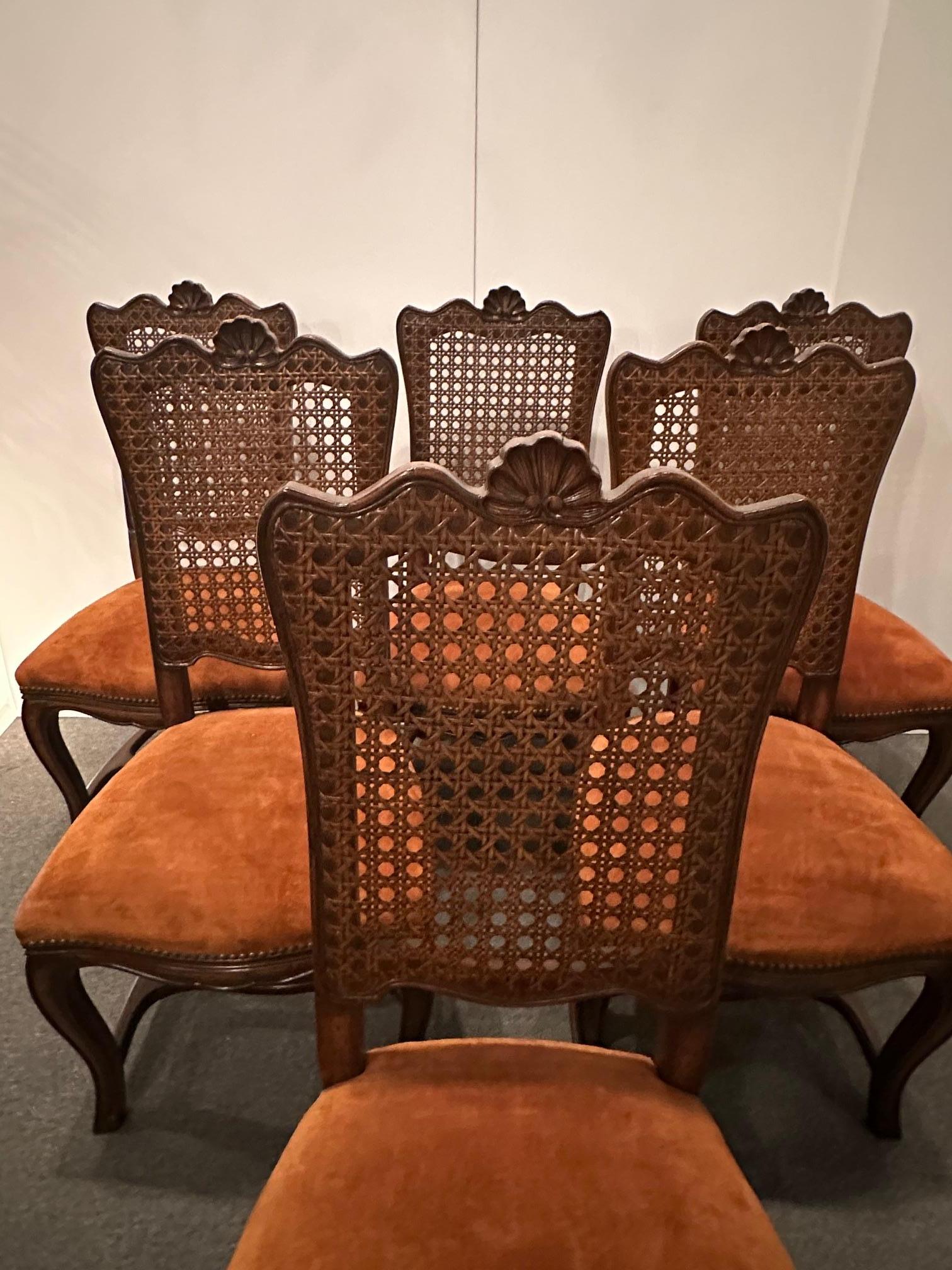 Six Vintage French Provincial Style Cane Back Dining Chairs with Suede Seats In Good Condition For Sale In Hopewell, NJ