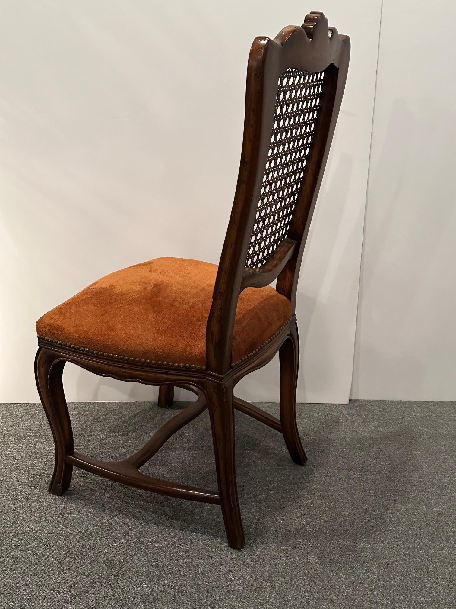 Late 20th Century Six Vintage French Provincial Style Cane Back Dining Chairs with Suede Seats For Sale