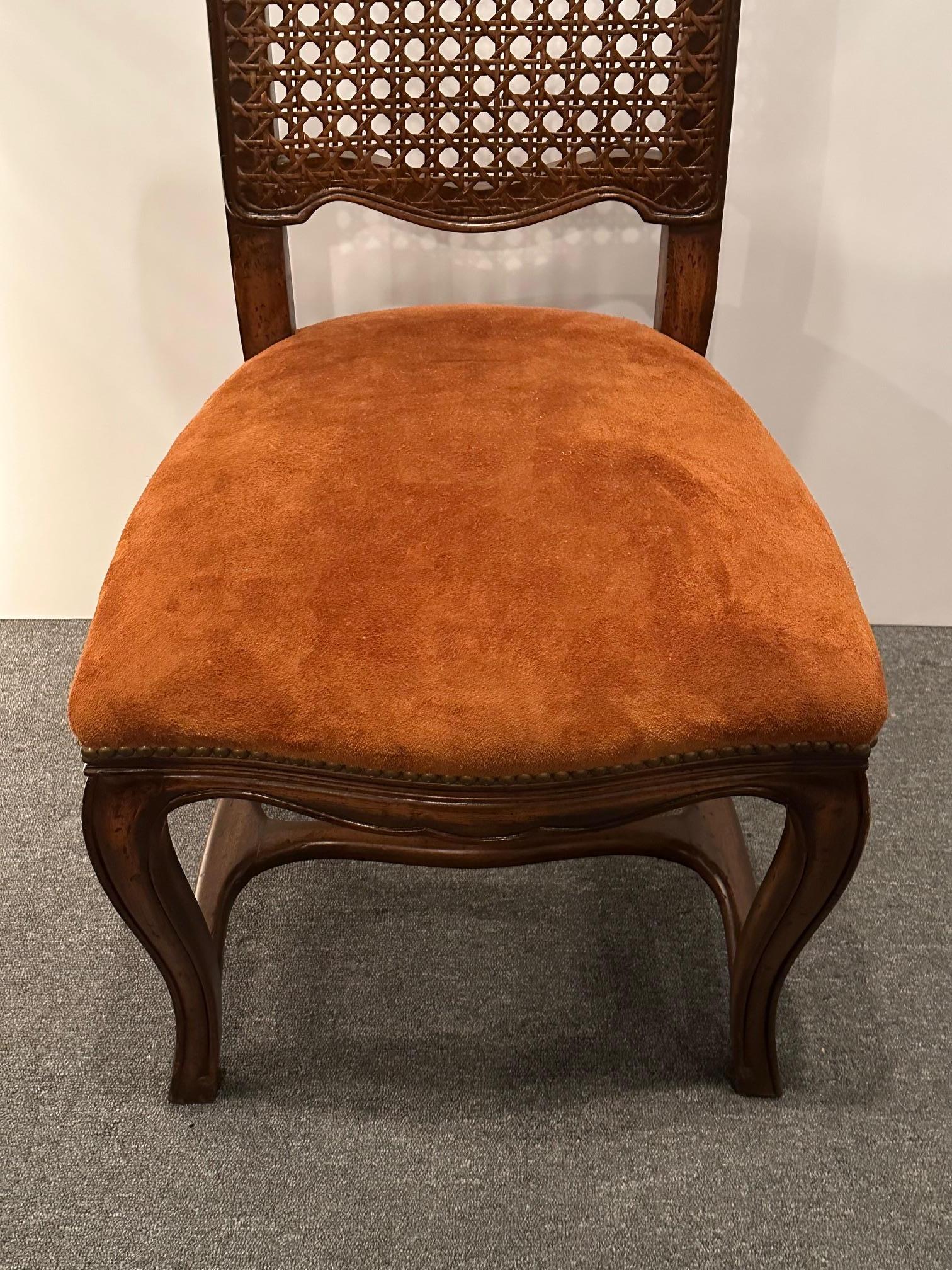 Six Vintage French Provincial Style Cane Back Dining Chairs with Suede Seats For Sale 1