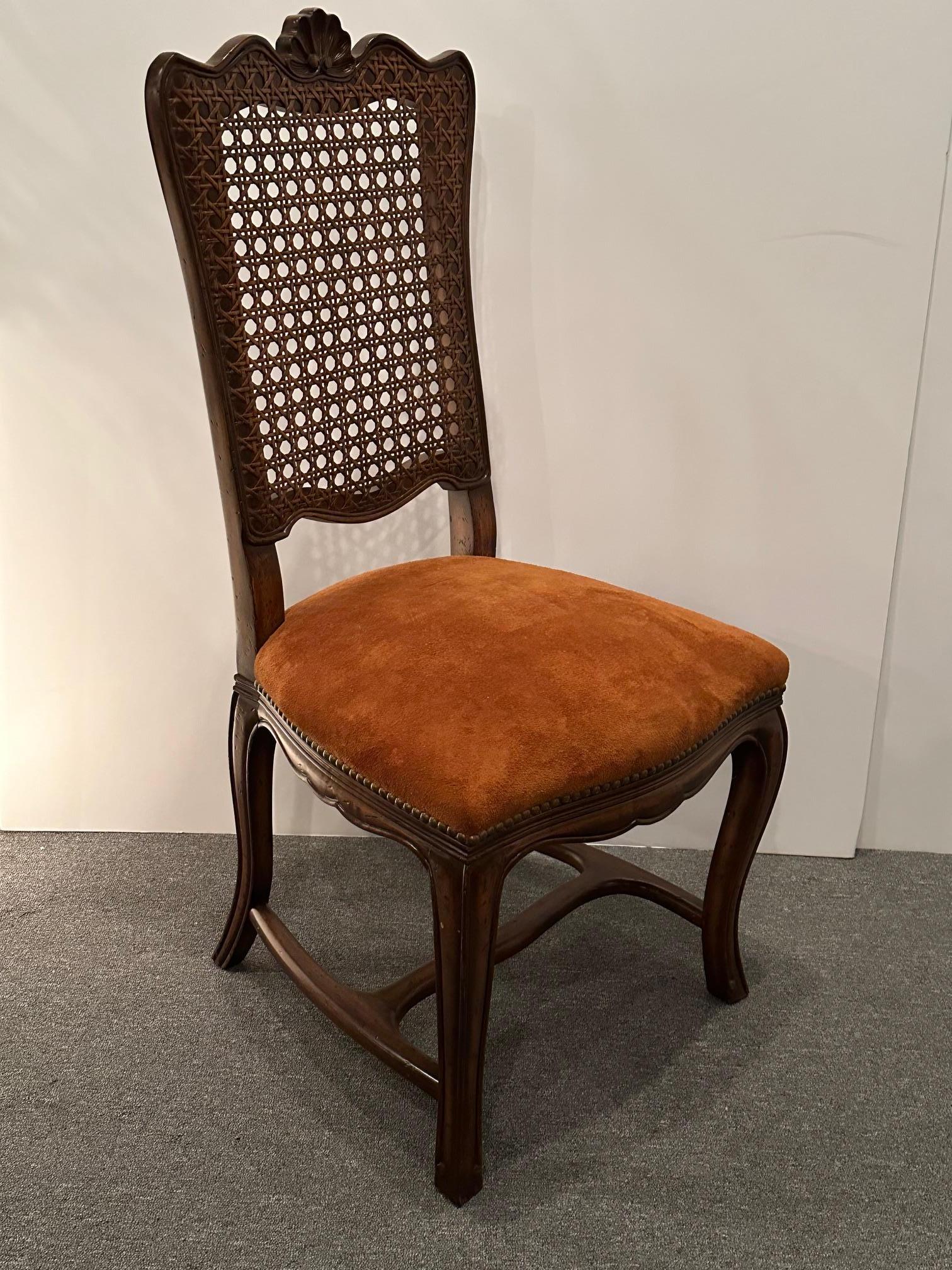 Six Vintage French Provincial Style Cane Back Dining Chairs with Suede Seats For Sale 3