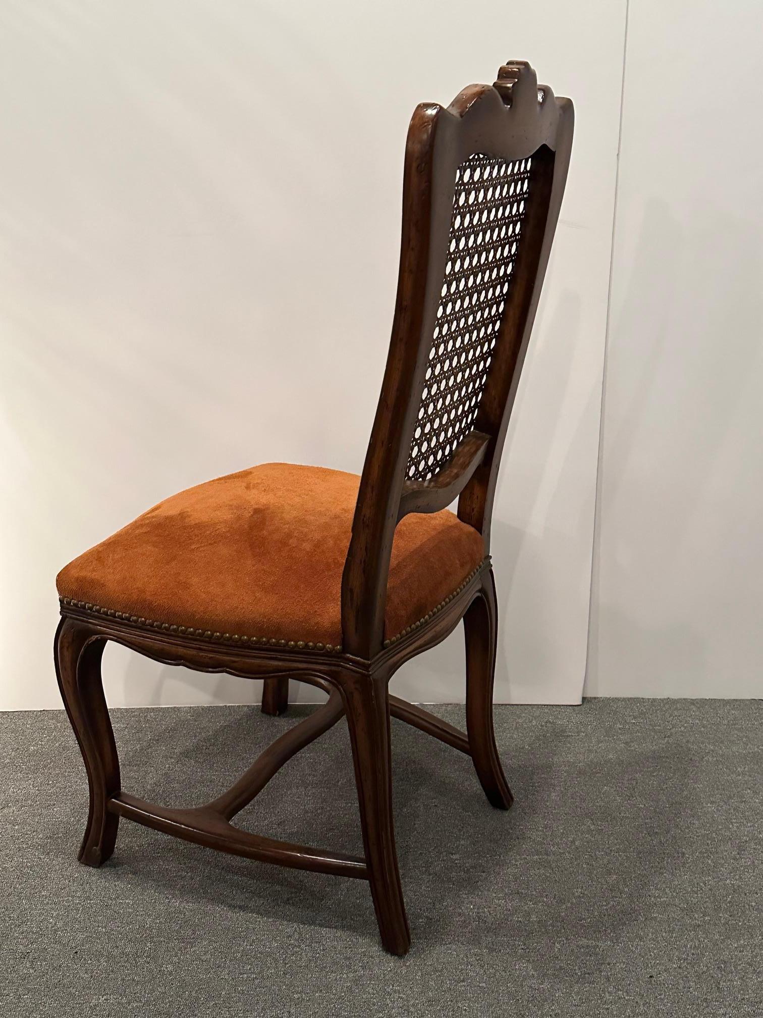 Six Vintage French Provincial Style Cane Back Dining Chairs with Suede Seats For Sale 4