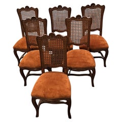 Six Vintage French Provincial Style Cane Back Dining Chairs with Suede Seats