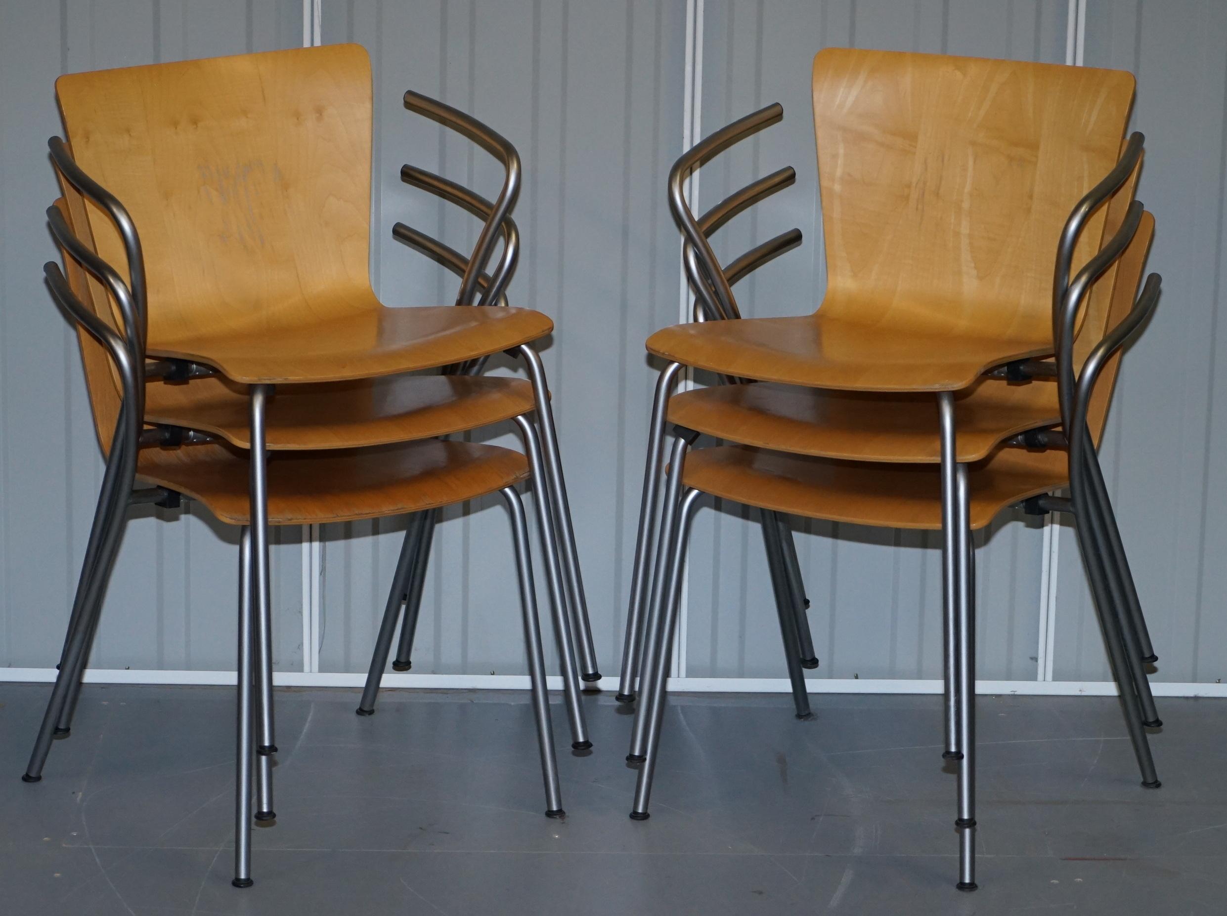 We are delighted to offer for sale this lovely set of six vintage Fritz Hansen Vico Magistretti Due bentwood stacking armchairs

An iconic set of high designer stacking armchairs by the absolute creative genius’s at Fritz Hansen. Each chair is