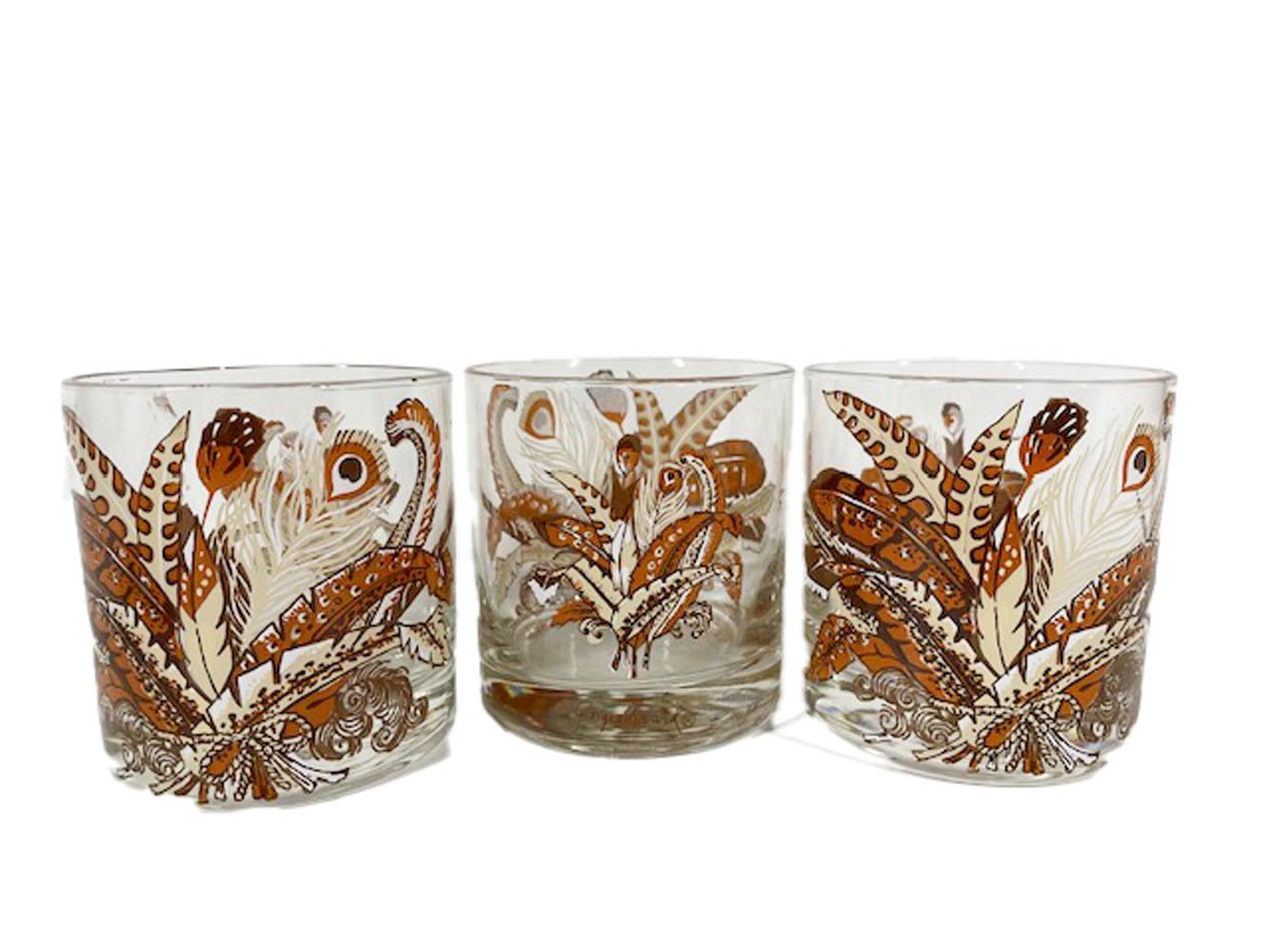20th Century Six Vintage Georges Briard Feather Bouquet Rocks Glasses For Sale