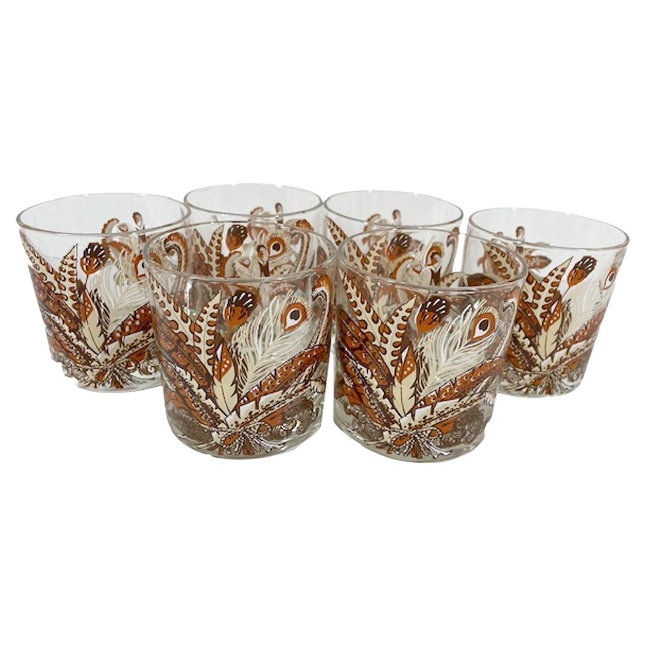 Six Vintage Georges Briard Feather Bouquet Rocks Glasses