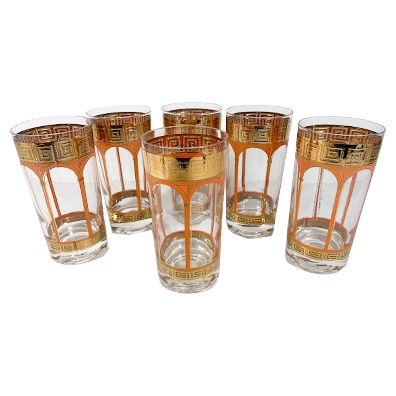 Six Vintage Georges Briard Highball Glasses with Columns, Arches 
Greek Key