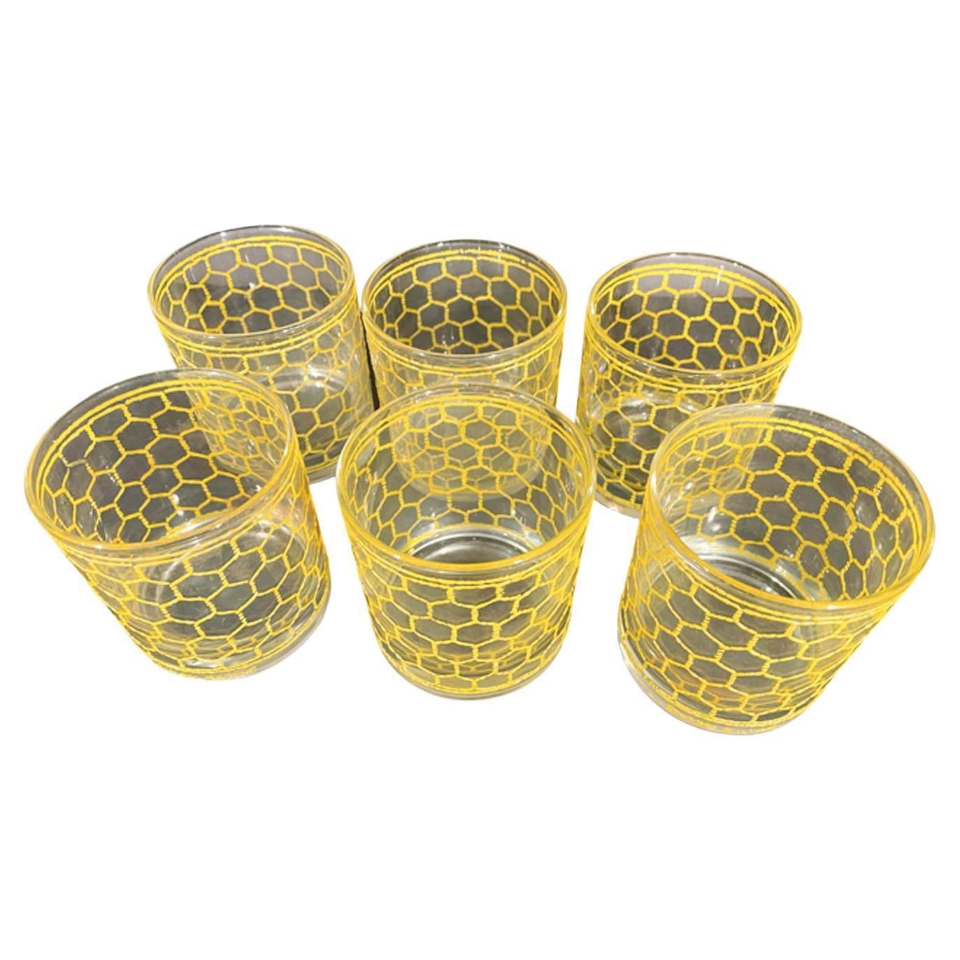 Six verres vintage Georges Briard Rocks en jaune glace à motif fil métallique