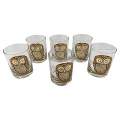 Six Vintage Georges Briard Rocks Glasses with a Large Owl Sitting on a Branch
