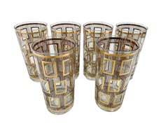 Six Vintage Georges Briard "Window" Pattern Highball Glasses in Brown Enamel