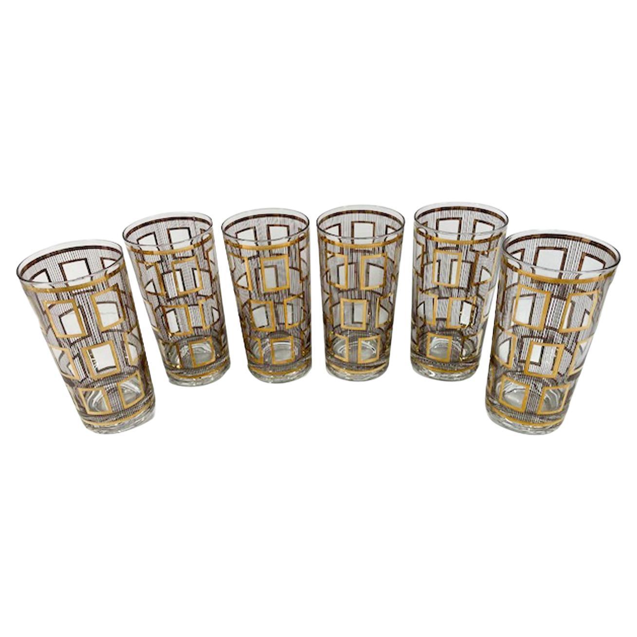 Six Vintage Georges Briard "Window" Pattern Highball Glasses in Brown Enamel  For Sale