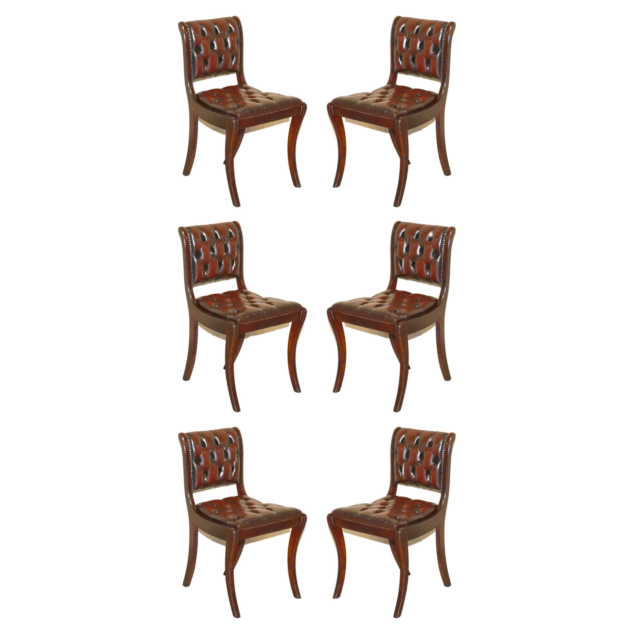 SIX VINTAGE HARDWOOD FULLY RESTORED CHESTERFIELD OXBOOD LEATHER DiNING CHAIRS 6