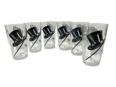 Six Vintage Highball Glasses with Top Hat, Gloves & Cane
