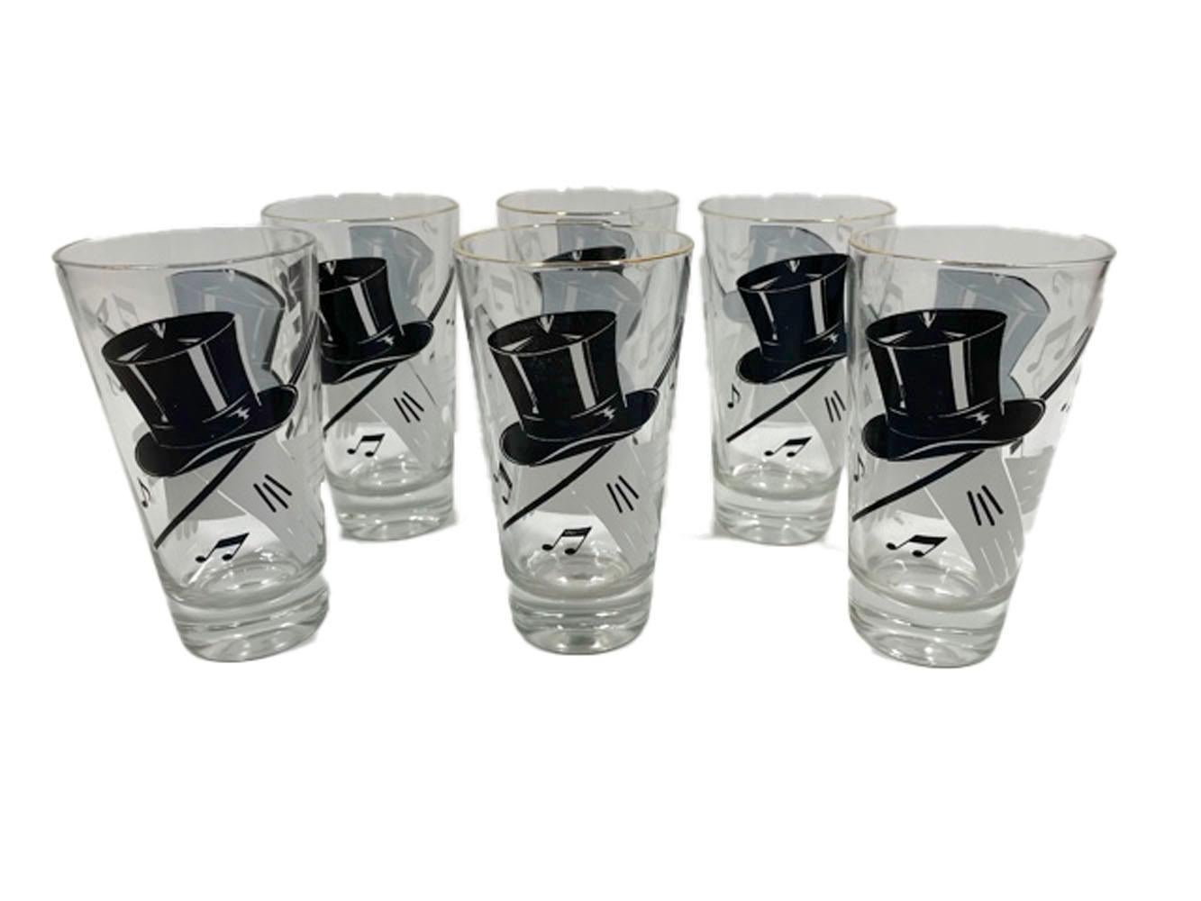 Art Deco Six Vintage Highball Glasses with Top Hat, Gloves, Cane & Music Notes For Sale