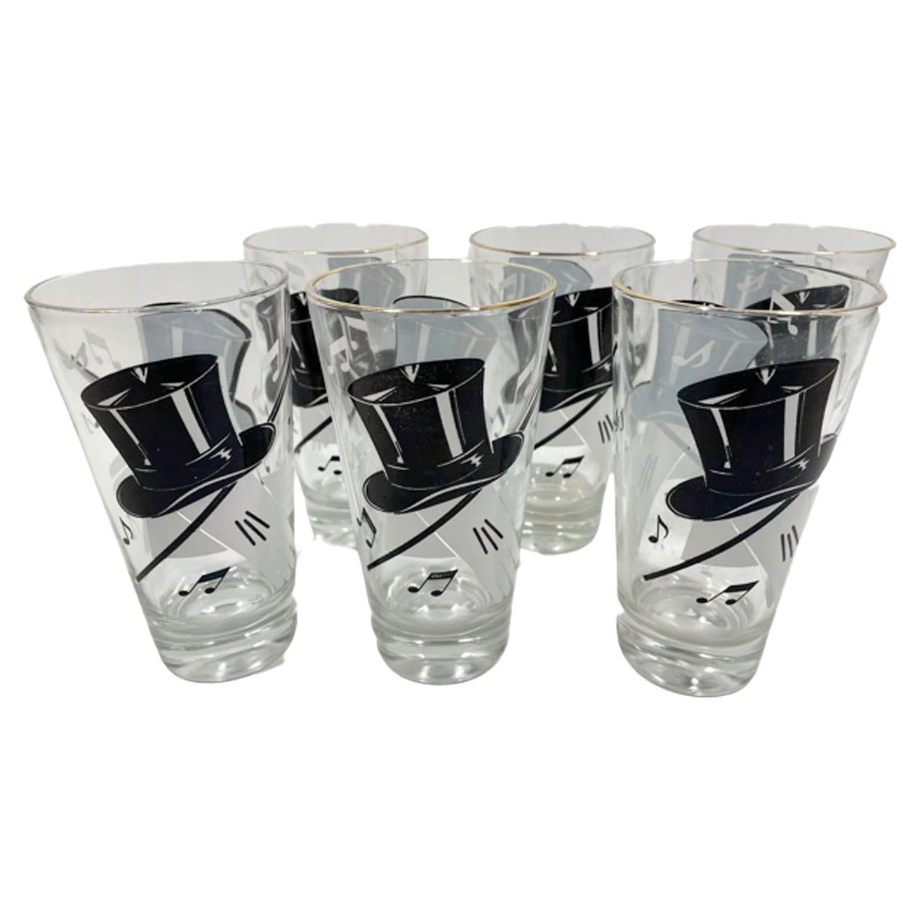 Six Vintage Highball Glasses with Top Hat, Gloves, Cane & Music Notes For Sale