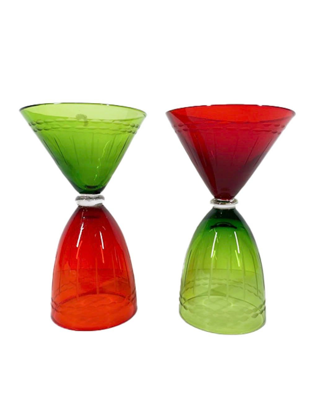 Vintage set of six glasses, each with two bowls, a martini on one side attached to a wine on the other by a clear glass ring. Three pairs made of jewel-toned glass with cut vertical lines and rings of dashed lines. Each two-colored pair in opposing