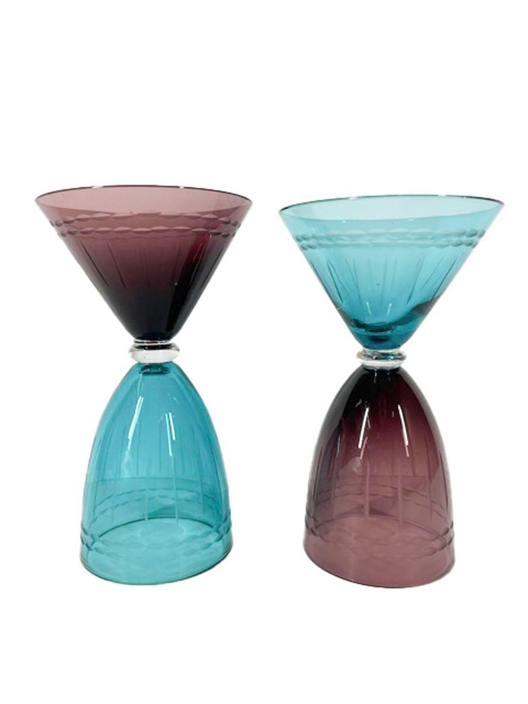 Six Vintage, Jewel Colored, Double Sided Martini/Wine Glasses, Three