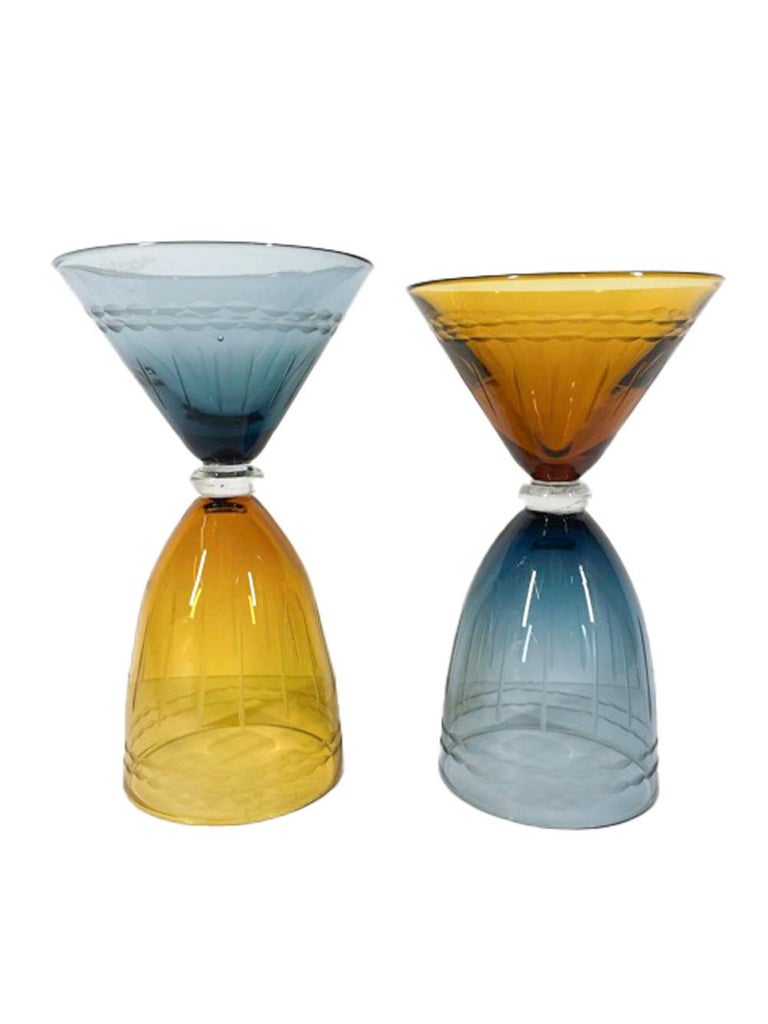 Six Vintage, Jewel Colored, Double Sided Martini/Wine Glasses, Three