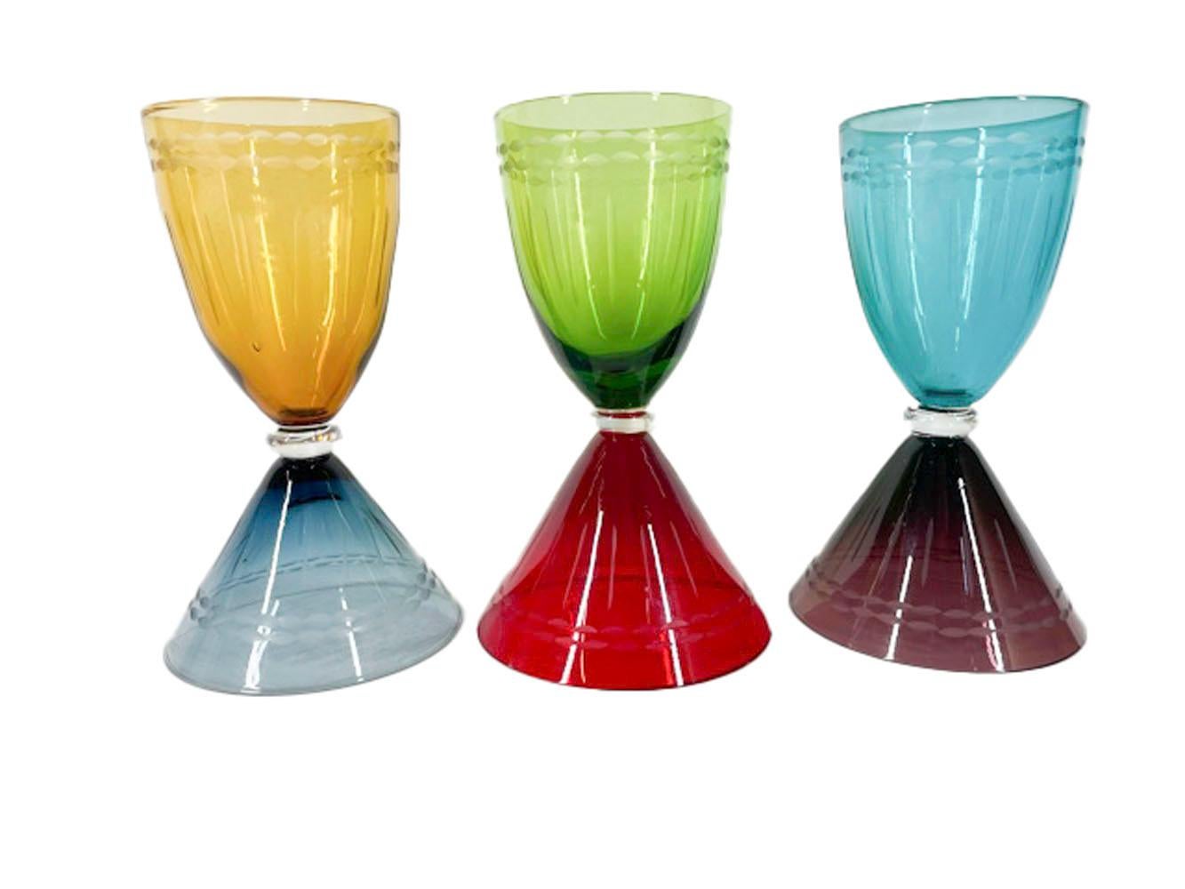 Post-Modern Six Vintage, Jewel Colored, Double Sided Martini/Wine Glasses, Three Pairs For Sale