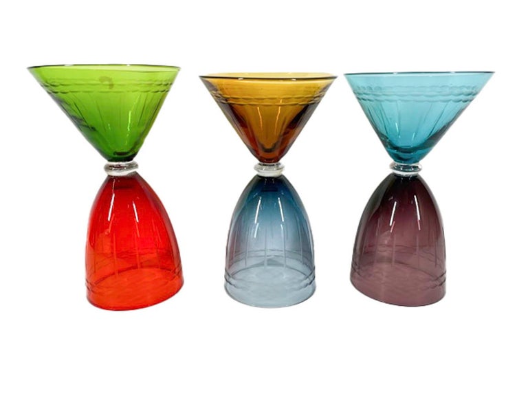 Six Vintage, Jewel Colored, Double Sided Martini/Wine Glasses, Three