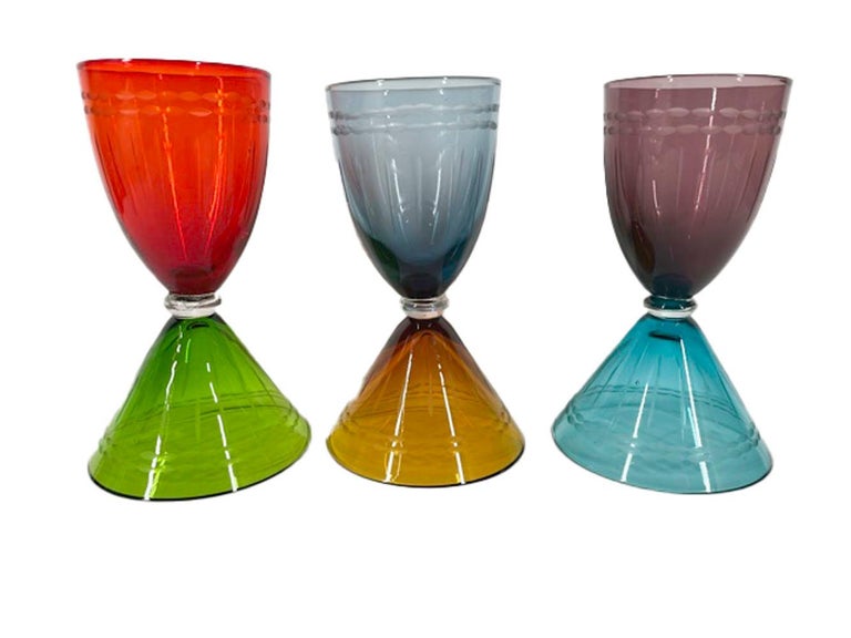 Six Vintage, Jewel Colored, Double Sided Martini/Wine Glasses, Three