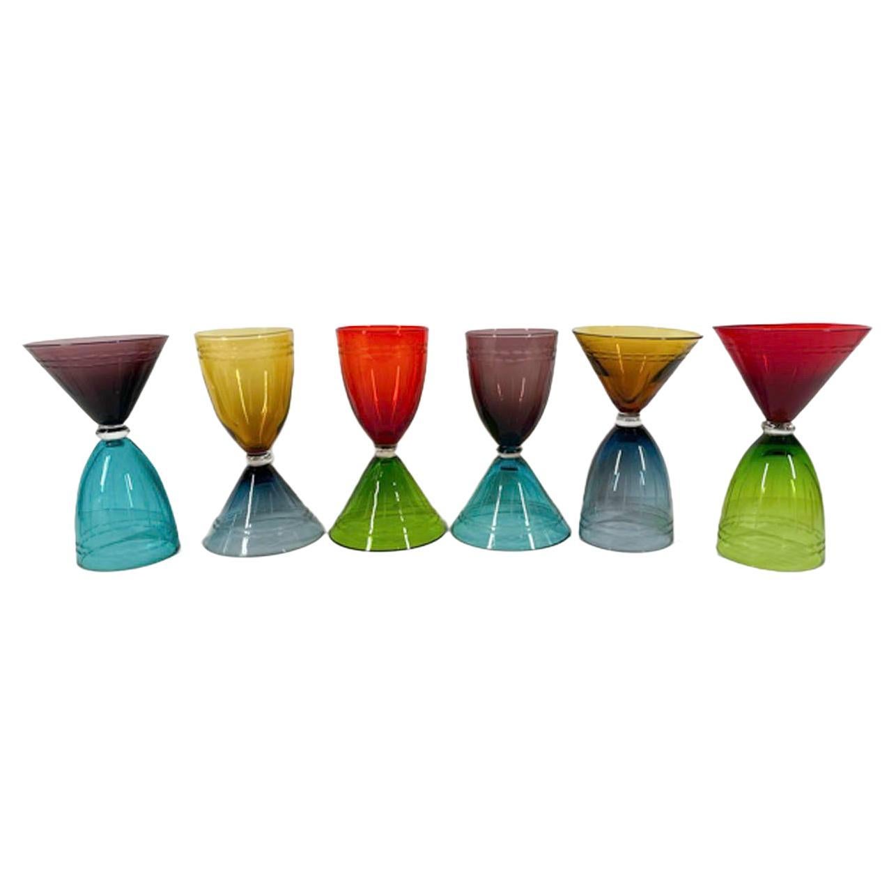 Six Vintage, Jewel Colored, Double Sided Martini/Wine Glasses, Three Pairs