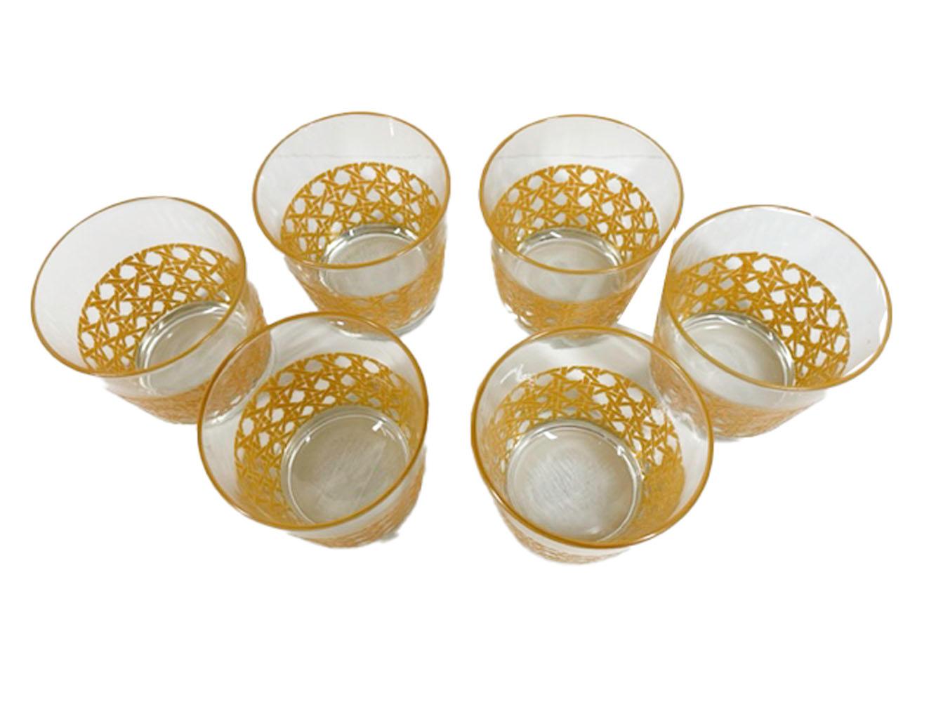 Six mid-century Libbey Glass Co., old fashioned glasses, the lower half with raised enamel 