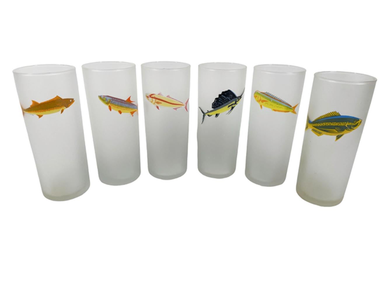Six Libbey Glass Co. Tom Collins glasses each with a different brightly colored game fish on frosted ground.